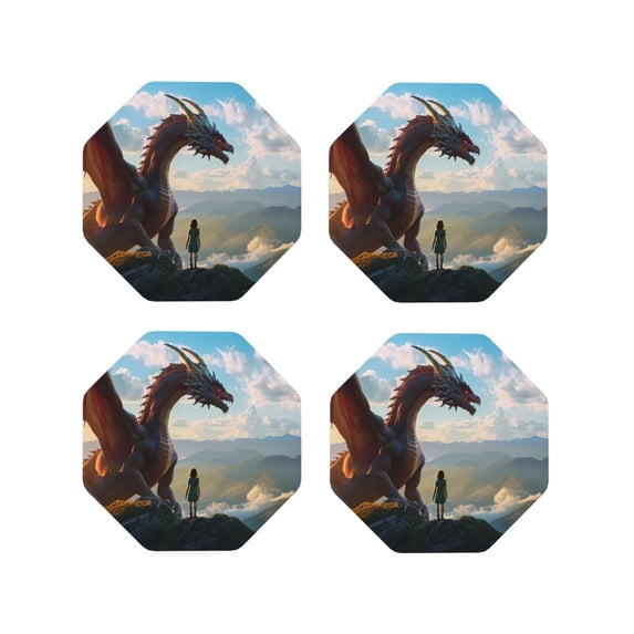 Honeii Clear Sky Mountain Red Dragon print Leather Coaster Set of 4, ideal for safeguarding your furniture from drinks spills and effortless cleanup-Octagon