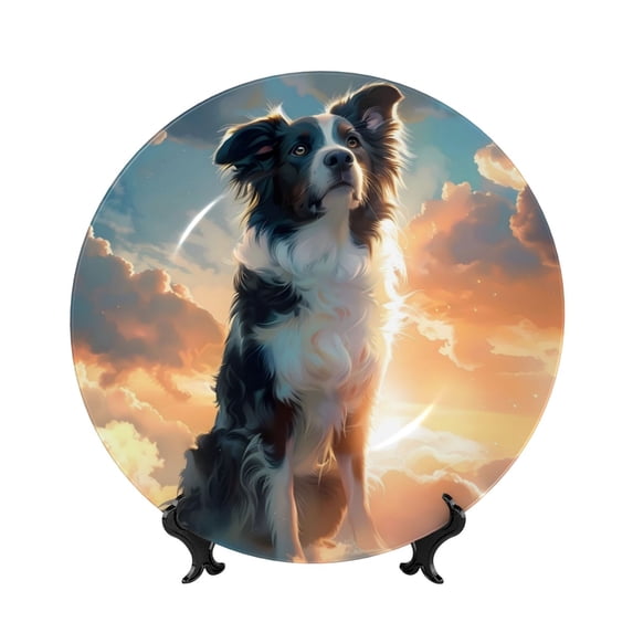 Honeii Cloud Border Collie Print Elegant Bone China Decorative Plate, Porcelain Plate,Art Crafts,Ceramic Ornaments for Home Office Wall Decor-6in