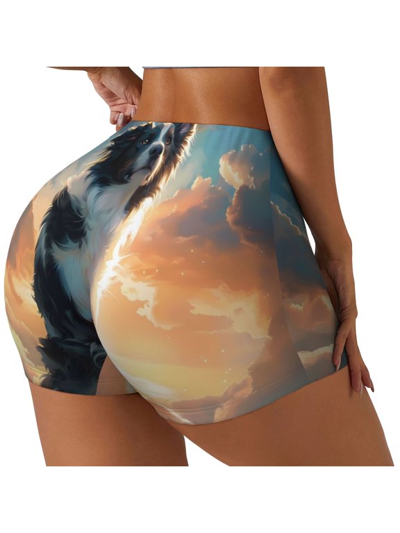 Cloud Border Collie Print Women's Workout Shorts, Gym Shorts for Active Wear, Sports Shorts,Women's Running Shorts,Quick Dry Athletic Shorts-Small