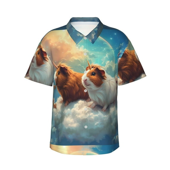 Honeii Cloud Guinea Pig Print Men’s Hawaiian Shirt,Classic Button-Down Short Sleeve Shirt, for Beach, Vacation, and Outdoor Activities,X-Large