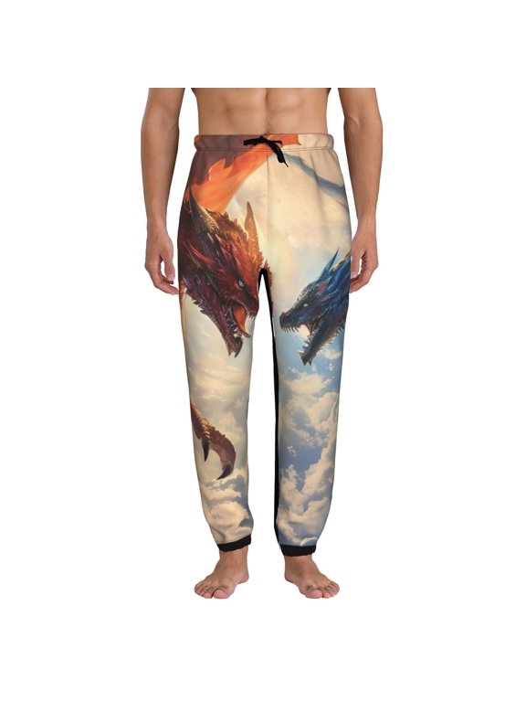 Cloud Red And Blue Dragon Print Mens Jogger Sweatpants, Men's Lounge Pants with Pockets-3X-Large