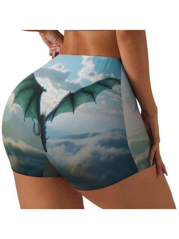 Cloud Sky Green Dragon Print Women's Workout Shorts, Gym Shorts for Active Wear, Sports Shorts,Women's Running Shorts,Quick Dry Athletic Shorts-X-Large
