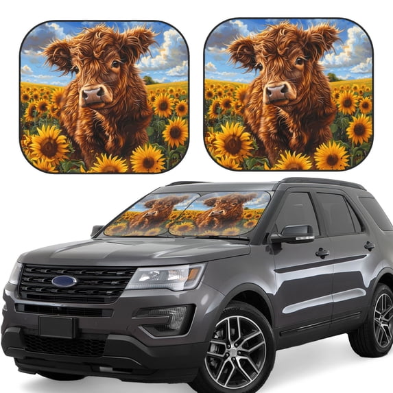 Honeii Cloud Sky Sunflower Cow Print Foldable Car Sun Shade for Windshield, 2-Piece UV Protection Shade, Protects Car Interior, Ideal for Cars, Trucks, SUVs-Large