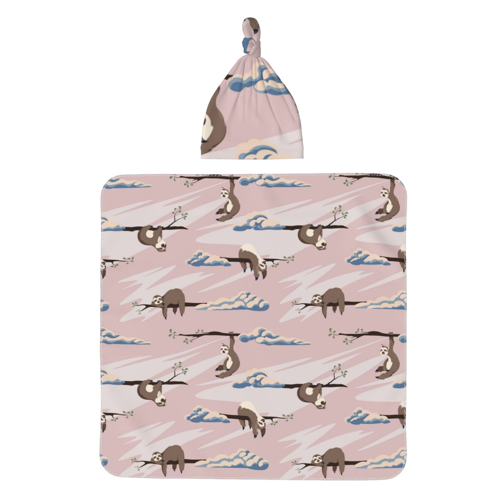 Honeii Cloud Sloth Print Swaddle Blanket and Hat Set Newborn Swaddle