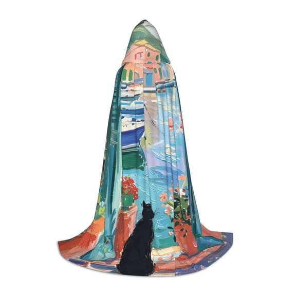 Honeii Coastal Cat By The Window Print Poncho Cape, Cloak Coat, Snuggly Hooded Wearable Blanket, Hooded Cape For Teenagers,Halloween Costumes-Large
