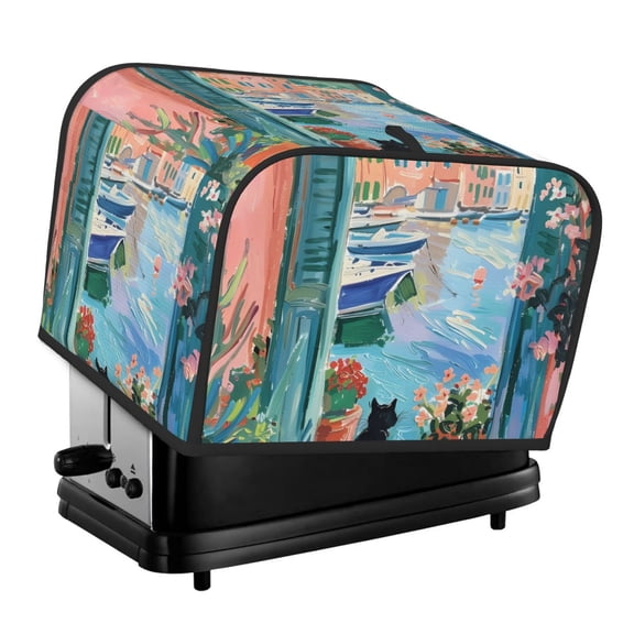 Honeii Coastal Cat By The Window Print 4 slice Toaster Cover, Two Slice Toaster Dust-proof Cover For Kitchen Small Appliance and Fingerprint Protection