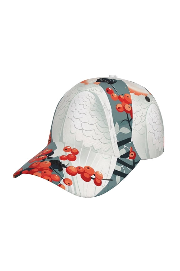 Cockatoo Red Berries Print Hat, Women's Baseball Hat Unisex Fit, Baseball Cap,Adjustable One Size