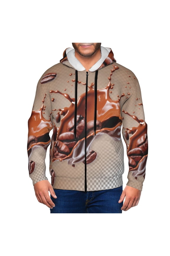 Coffee Beans Chocolate Splash Print Hoodies for Men, Pullover & Full Zip, Breathable Zip up Hoodie, Sweatshirt-3X-Large