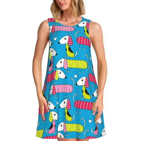 Honeii Color Dachshund Dog Print Women's Sleeveless Dress, Loose Fit Casual Dress for Women, Summer Fashion Dress