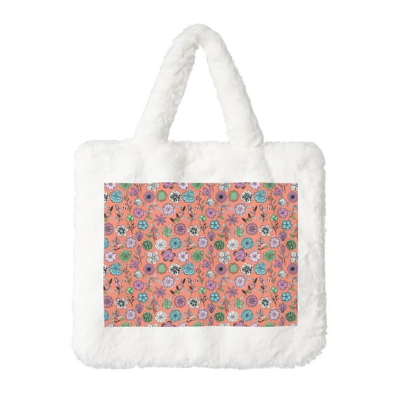Honeii Color Flowers Print Fluffy Shoulder Bag Plush Bags Women Ladies Tote Bag Fluffy Furry Purse Handbag for Autumn and Winter