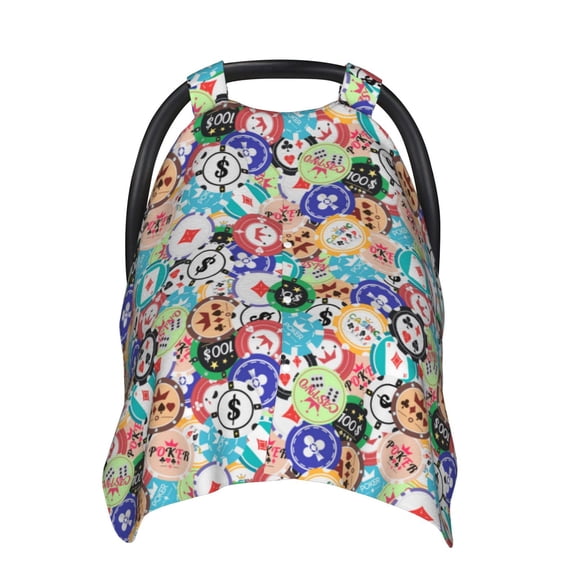 Honeii Colored Casino Chips print 2-in-1 baby car seat canopy doubles as a nursing cover, fitting both genders & measuring 39x27.5in