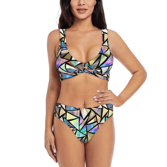 Honeii Colored Glass Print Women’s Bikini Set,Two Piece Swimsuit Bathing Suits,Stylish High Elasticity Swimwear for Beach and Pool