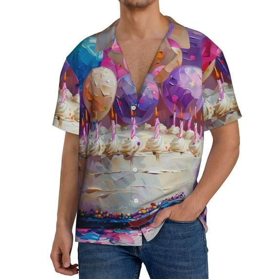 Honeii Colorful Balloon Cake Celebration for Men's Short-Sleeved Button-Up Collared Shirt Featuring A Pocket, Perfect for Beach Vacations, And Travel Adventures.-4X-Large