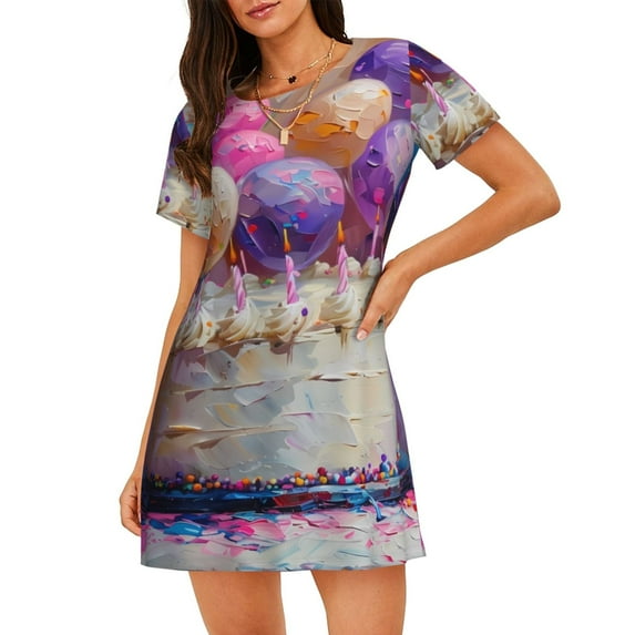 Honeii Colorful Balloon Cake Celebration Print Women's Loose Short Sleeve Nightgown, Soft Cotton Sleepwear, Comfy Loose Fit Pajama Dress for Sleep and Lounge