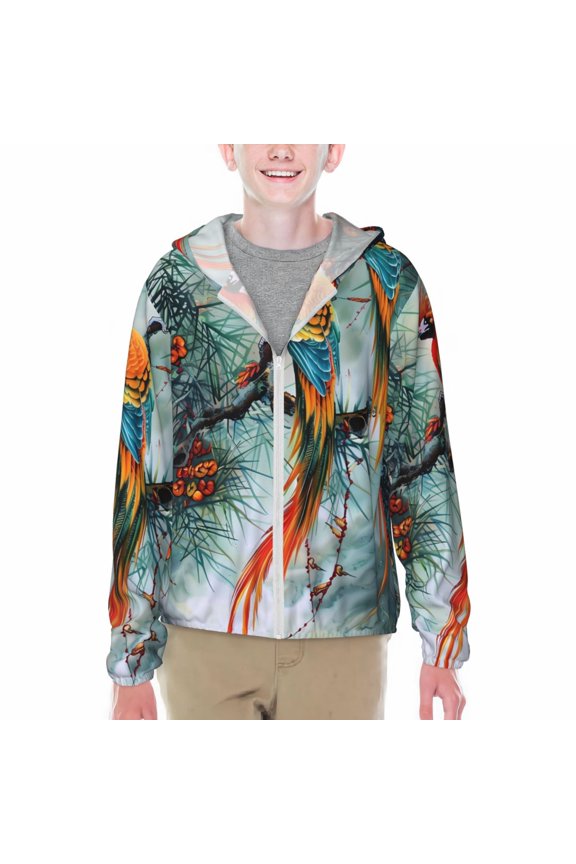 Colorful Birds Pine Branch Print Sun Protection Jacket Hooded Cooling Shirt with Pockets Hiking Outdoor Performance-Small