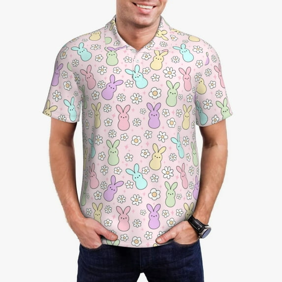 Honeii Colorful Bunny print Polo Shirt, a classic short-sleeved, button-down golf shirt designed for menX-Large