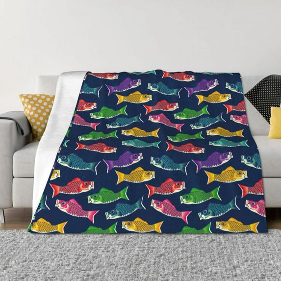 Honeii Colorful Carp Streamer 1 print throw blanket, crafted from cozy cotton flannel, offers versatile home decor as a bedding suitable for all seasons.-60"x50"
