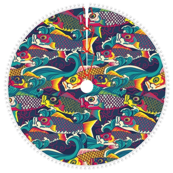 Honeii Colorful Carp Streamer Print Christmas Tree Skirt with Pom Pom Tree Skirt Christmas Tree Mat Plush Xmas Tree Skirt for Decorations Holiday Party-