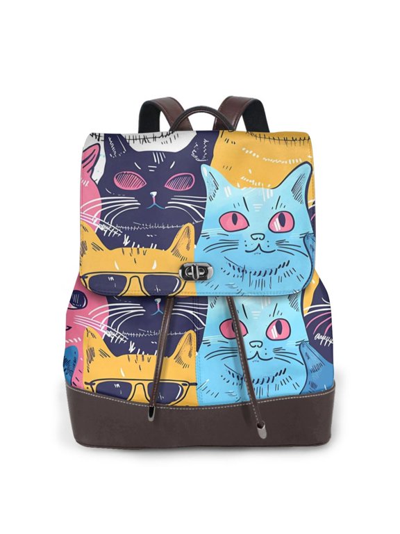 Colorful Cats Pattern Art rint Leather Backpack,Trendy Leather Backpack,PU Leather Daypack, Ideal for Work, School, Nurse, College & Travel