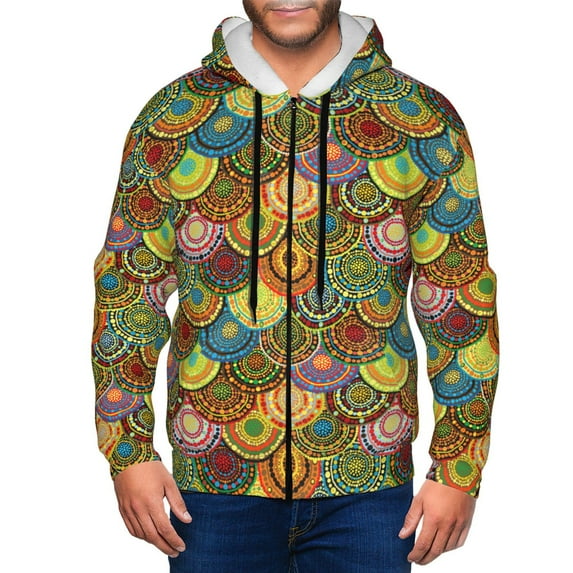 Honeii Colorful Circle Print Hoodies for Men, Pullover & Full Zip, Breathable Zip up Hoodie, Sweatshirt-Large