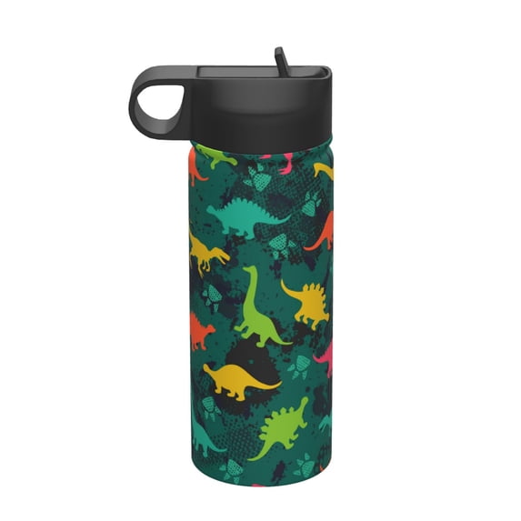 Honeii Colorful Dinosaurs Print 18 oz Insulated Water Bottle with Straw Lid, Stainless Steel Sports Water Bottles, Double Walled Vacuum, Leak Proof