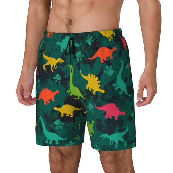 Honeii Colorful Dinosaurs Print Men's Swim Shorts,Mens Swim Trunks,Breathable Mesh Beach Shorts for Swimming,Surfing, and Beach Activities-X-Large
