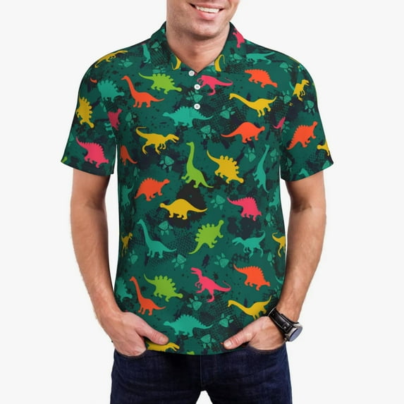 Honeii Colorful Dinosaurs Print Polo Shirt, A Classic Short-Sleeved, Button-Down Golf Shirt for Men,Mens Polo Shirts Short Sleeve-Medium