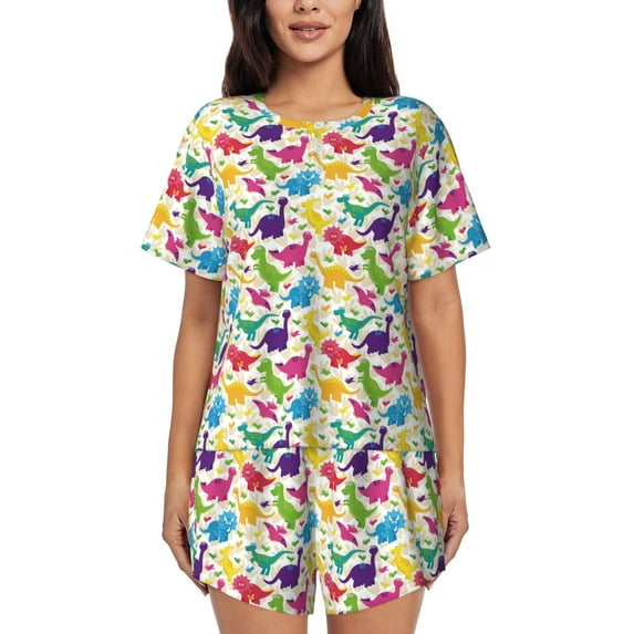 Honeii Colorful Dinosaurs for Women's Summer Pajama Set featuring Soft Short Sleeve Shirt & Matching Bottoms with Convenient Pockets for Relaxed Home Wear-Large