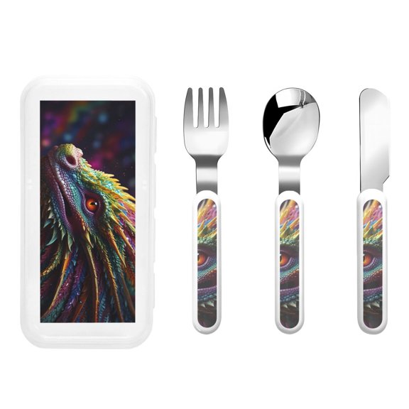 Honeii Colorful Dragon Head Profile Print Children's Knife, Fork And Spoon Set,Reusable Utensils Set with Case,Travel Cutlery Set,for Kids Adults Camping