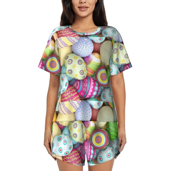 Honeii Colorful Easter Eggs for Women's Summer Pajama Set featuring Soft Short Sleeve Shirt & Matching Bottoms with Convenient Pockets for Relaxed Home Wear-Medium