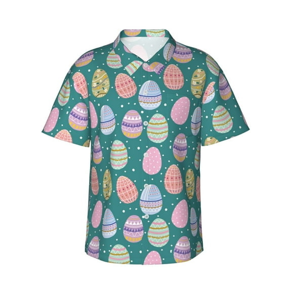 Honeii Colorful Easter eggs Print Men’s Hawaiian Shirt,Classic Button-Down Short Sleeve Shirt, for Beach, Vacation, and Outdoor Activities,Large