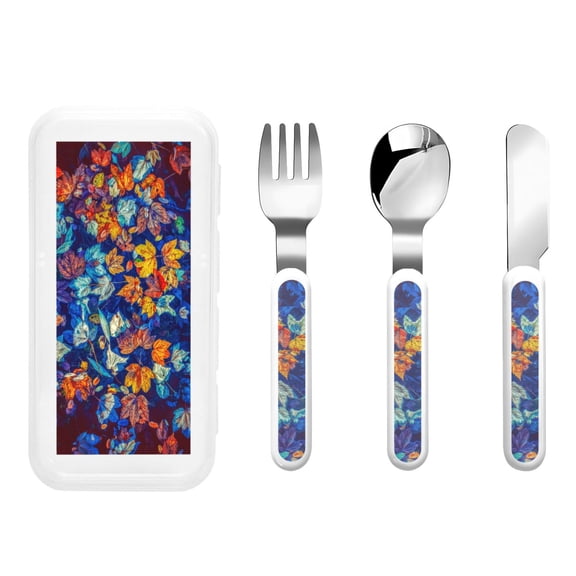 Honeii Colorful Fall Leaves Print Children's Knife, Fork And Spoon Set,Reusable Utensils Set with Case,Travel Cutlery Set,for Kids Adults Camping