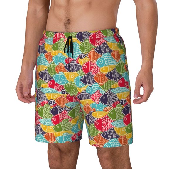Honeii Colorful Fish 2 Print Men's Swim Shorts,Mens Swim Trunks,Breathable Mesh Beach Shorts for Swimming,Surfing, and Beach Activities-Small