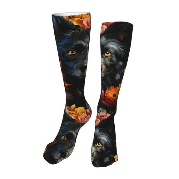 Honeii Colorful Floral Black Dog Print Calf Socks Sports Socks Seamless Toe, Trouser Socks,Knee High Long Socks for Women and Men-One Size