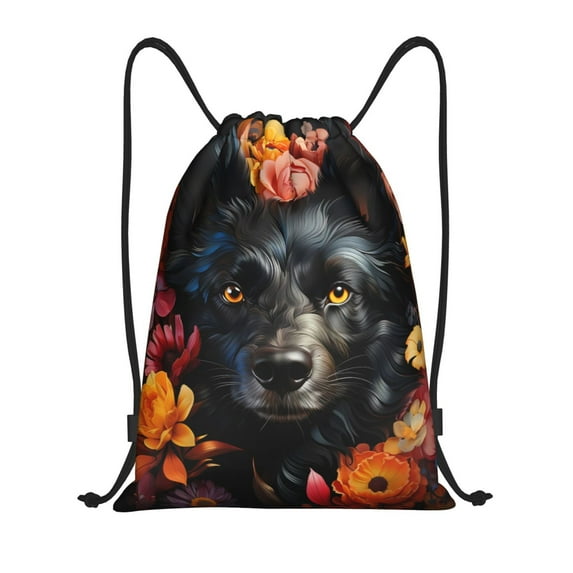 Honeii Colorful Floral Black Dog Print Drawstring Backpack,Drawstring Bags String Backpack Gym Cinch Sack Backpack Sport Bag Draw-Small