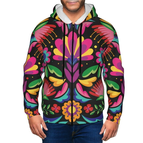 Honeii Colorful Floral Embroidery Mexican Print Hoodies for Men, Pullover & Full Zip, Breathable Zip up Hoodie, Sweatshirt-XX-Large