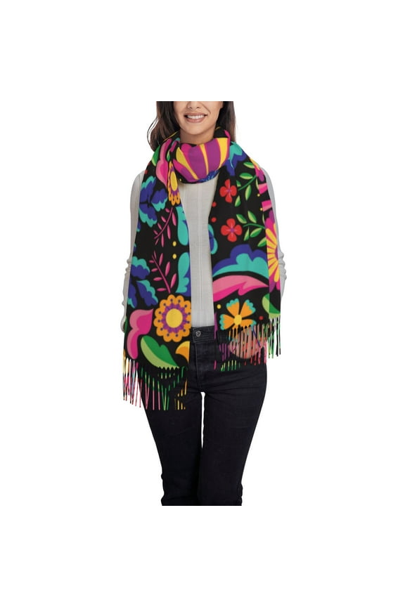 Colorful Floral Embroidery Mexican Print Scarf Oversized Scarf Tassel Fall Winter Thick Scarf Warm Shawl Women,Women's Scarves & Wraps