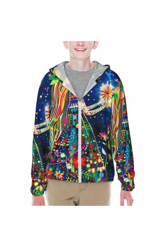 Colorful Floral Forest Fairy Print Sun Protection Jacket Hooded Cooling Shirt with Pockets Hiking Outdoor Performance-Large