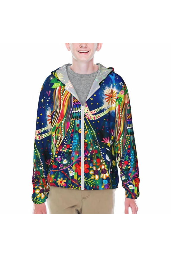 Colorful Floral Forest Fairy Print Sun Protection Jacket Hooded Cooling Shirt with Pockets Hiking Outdoor Performance-XX-Large