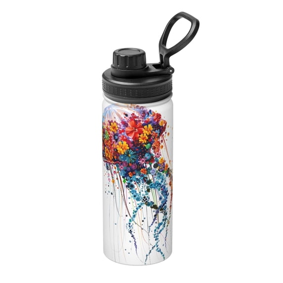 Honeii Colorful Floral Jellyfish Print 18OZ Sports Insulated Kettle,Double-Walled Stainless Steel Water Bottle with Leak-Proof Lid, Perfect for Outdoor, Sports, and Travel
