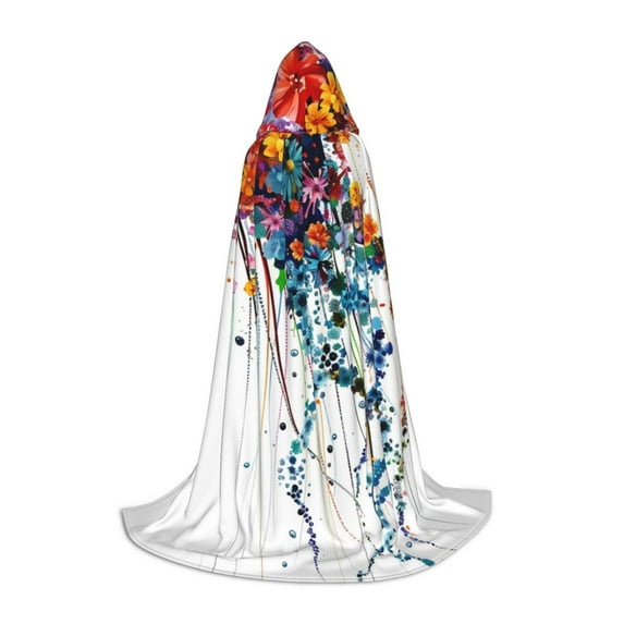 Honeii Colorful Floral Jellyfish Print Poncho Cape, Cloak Coat, Snuggly Hooded Wearable Blanket, Hooded Cape For Teenagers,Halloween Costumes-Large