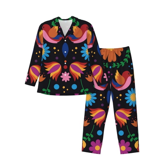 Honeii Colorful Floral2 Pattern Mens Pajamas Set,2pcs Men's Lounge Long Sleeve Sleep Shirt and Pajama Bottoms Sleepwear Set,Mens Pjs Sets-Small