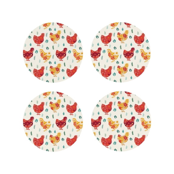 Honeii Colorful Flower Chickens Print Leather Coaster Set of 4, Ideal for Safeguarding Your Furniture from Drinks Spills and Effortless Cleanup-Round Shape