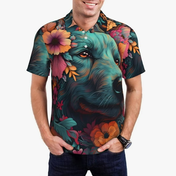 Honeii Colorful Flower Dog A print Polo Shirt, a classic short-sleeved, button-down golf shirt designed for men3X-Large
