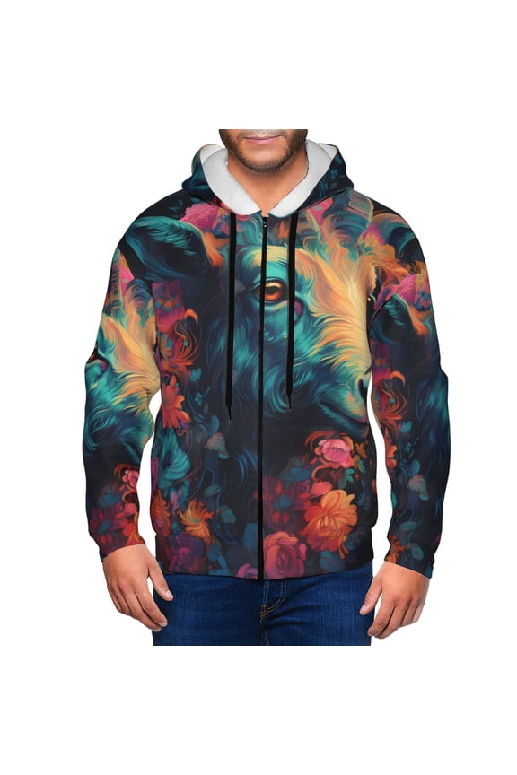 Colorful Flower Goat Print Hoodies for Men, Pullover & Full Zip, Breathable Zip up Hoodie, Sweatshirt-XX-Large