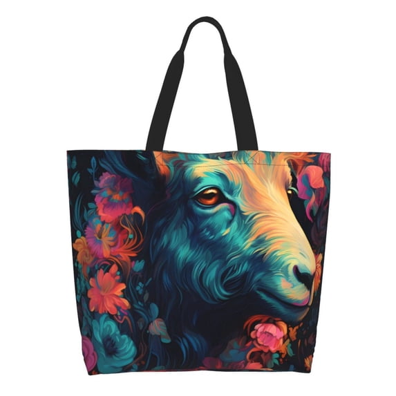 Honeii Colorful Flower Goat Print Tote Bag for Women, Foldable Tote Bag Large Shoulder Bag Top Handle Handbag for Travel, Work