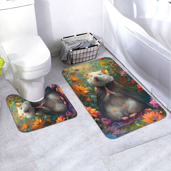 Honeii Colorful Flower Meditating Hamster Pattern Bathroom Anti-Skid Pad Bathroom Mat Vintage Seamless Pattern Not-Slip Toilet Rug Set