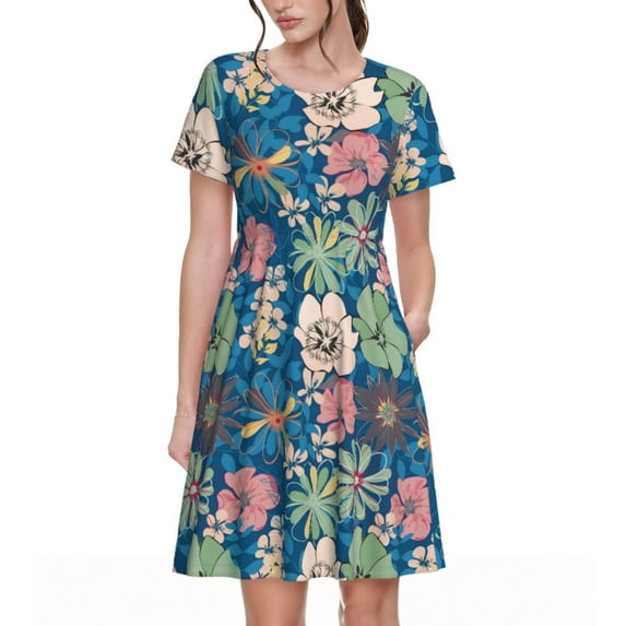 Honeii Colorful Flowers Print Women’s Short Sleeve Dress, Comfortable Casual Dress, Soft Polyester Spandex Blend, Stylish Everyday Wear for Summer, Perfect for Travel and Vacation
