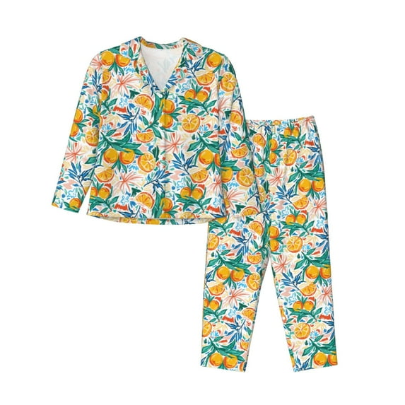 Honeii Colorful Fruits print Women's Pajama Sets Long Sleeve Button Down Sleepwear Nightwear Soft Pjs Lounge Sets-Large