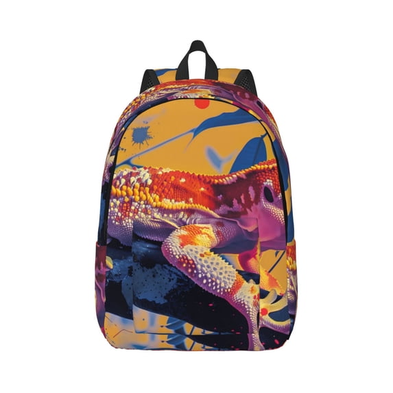 Honeii Colorful Gecko Jungle Art Print Canvas College Laptop Backpack, Durable Rucksack Travel Notebook Bag School Backpack Book Bag for Men Women-Small
